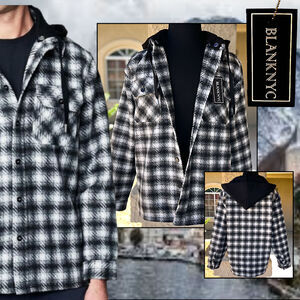 Blank NYC Mens Removable Hooded Plaid Shirt Lined Shacket Jacket Size M